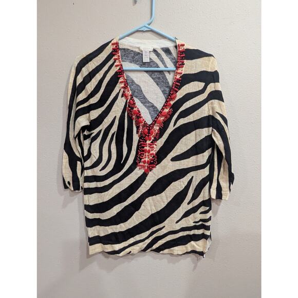 Pretty zebra striped knit long sleeve blouse w/coral bead embellishment, Chico's - Picture 1 of 6